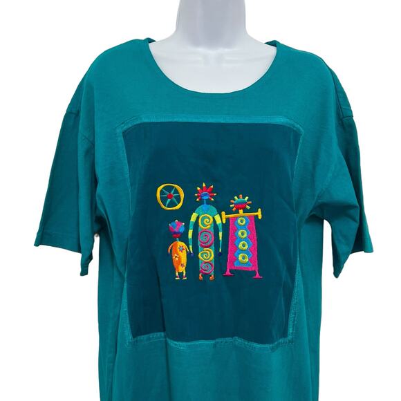 Johnny Was Embroidered T-Shirt Maxi Dress Turquoise Tribal M Boho Folk Indie - Picture 3 of 15